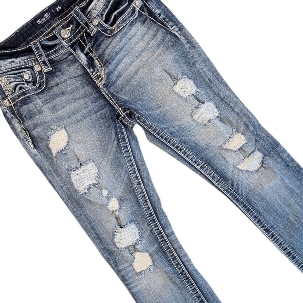 Miss Me NWOT 25 Embellished Distressed Mid Rise Skinny Jeans Style#E3626S2R